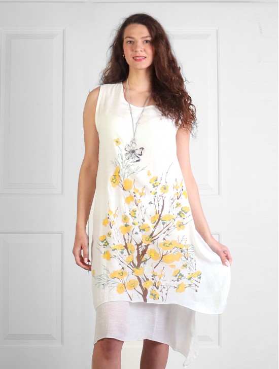 Layered Solid Shift Dress With Cherry Blossom Print